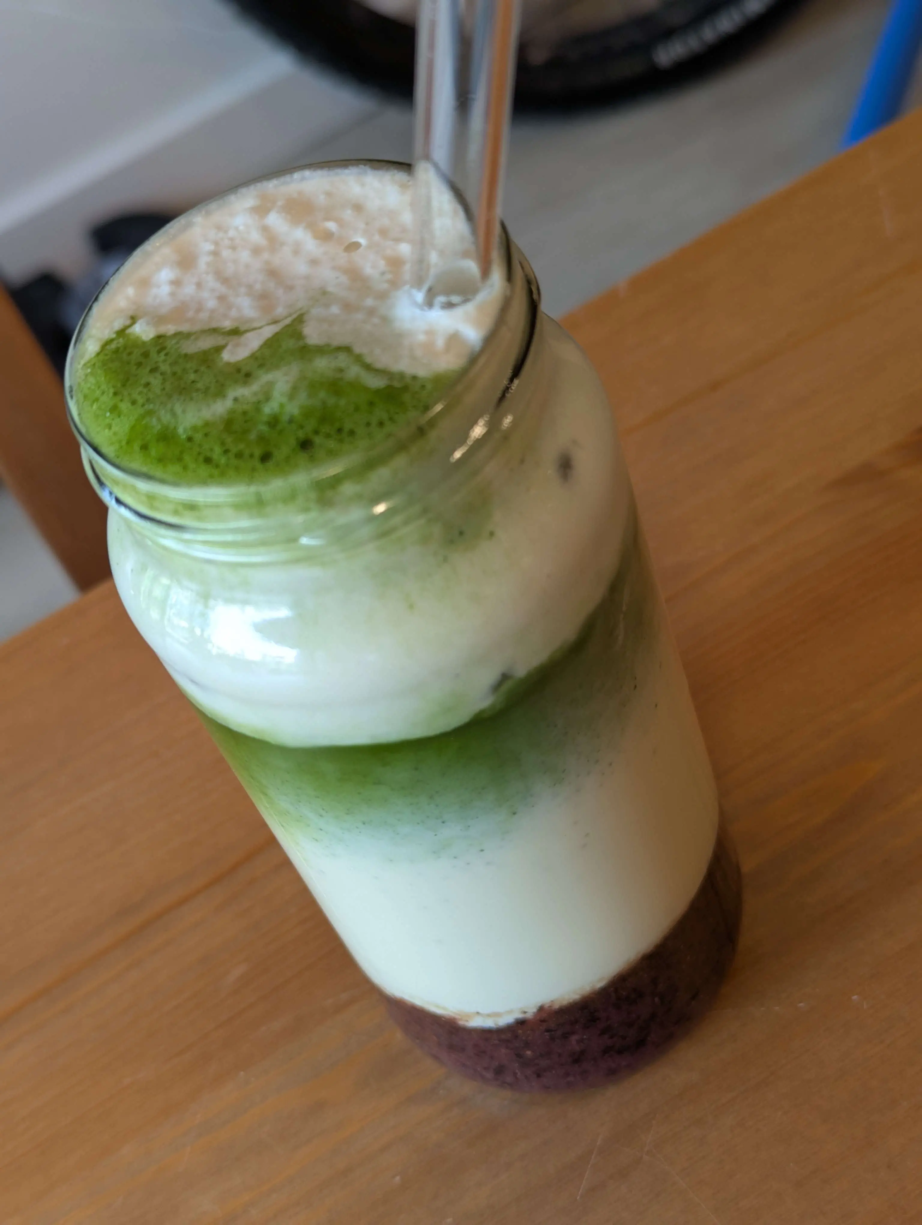 Gorgeous blueberry lavender matcha latte, in striking layers