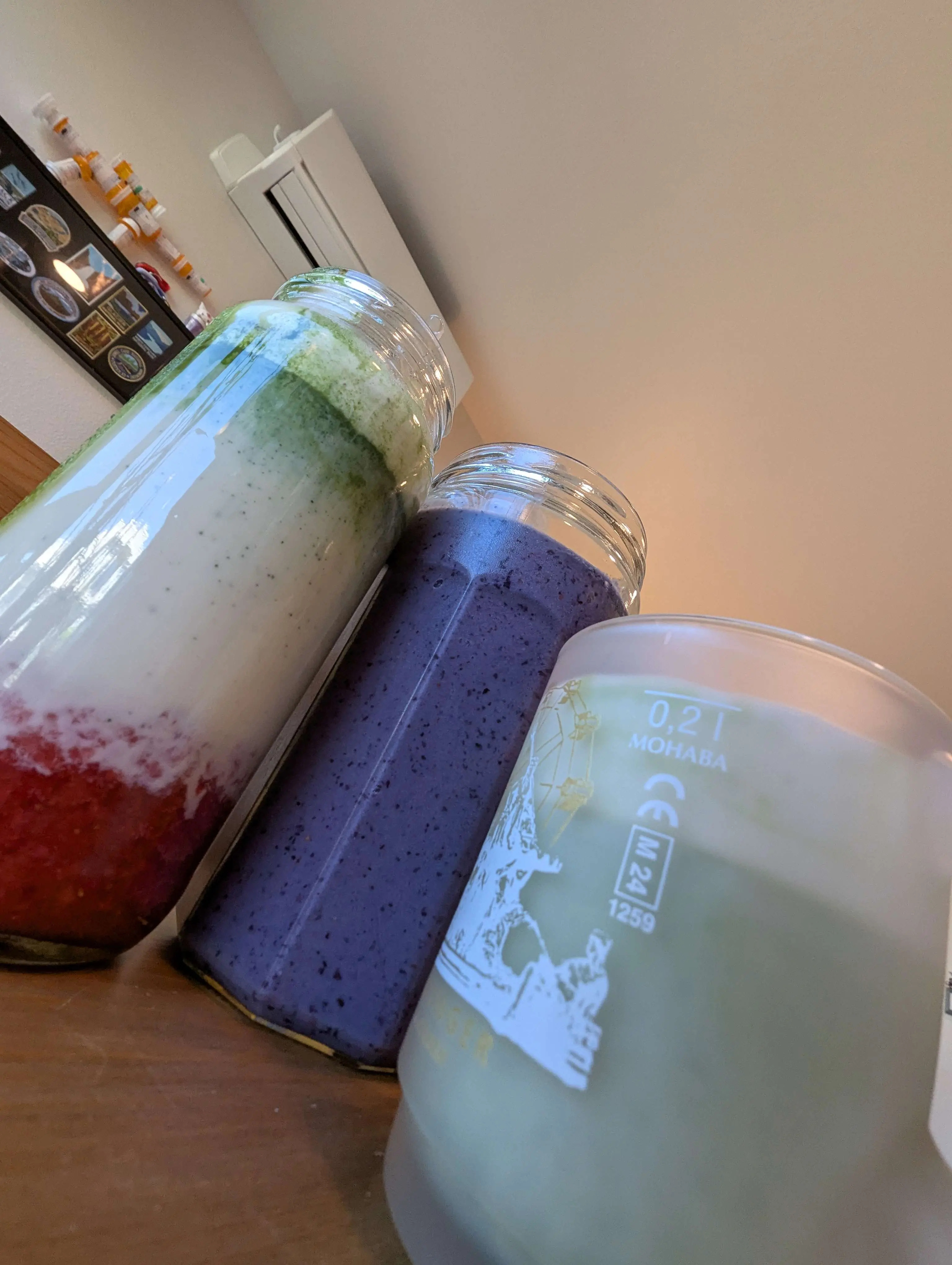 INTIMIDATING angle of Gen's homemade drinks including blueberry smoothie, strawberry matcha latte, and lavendermatcha latte