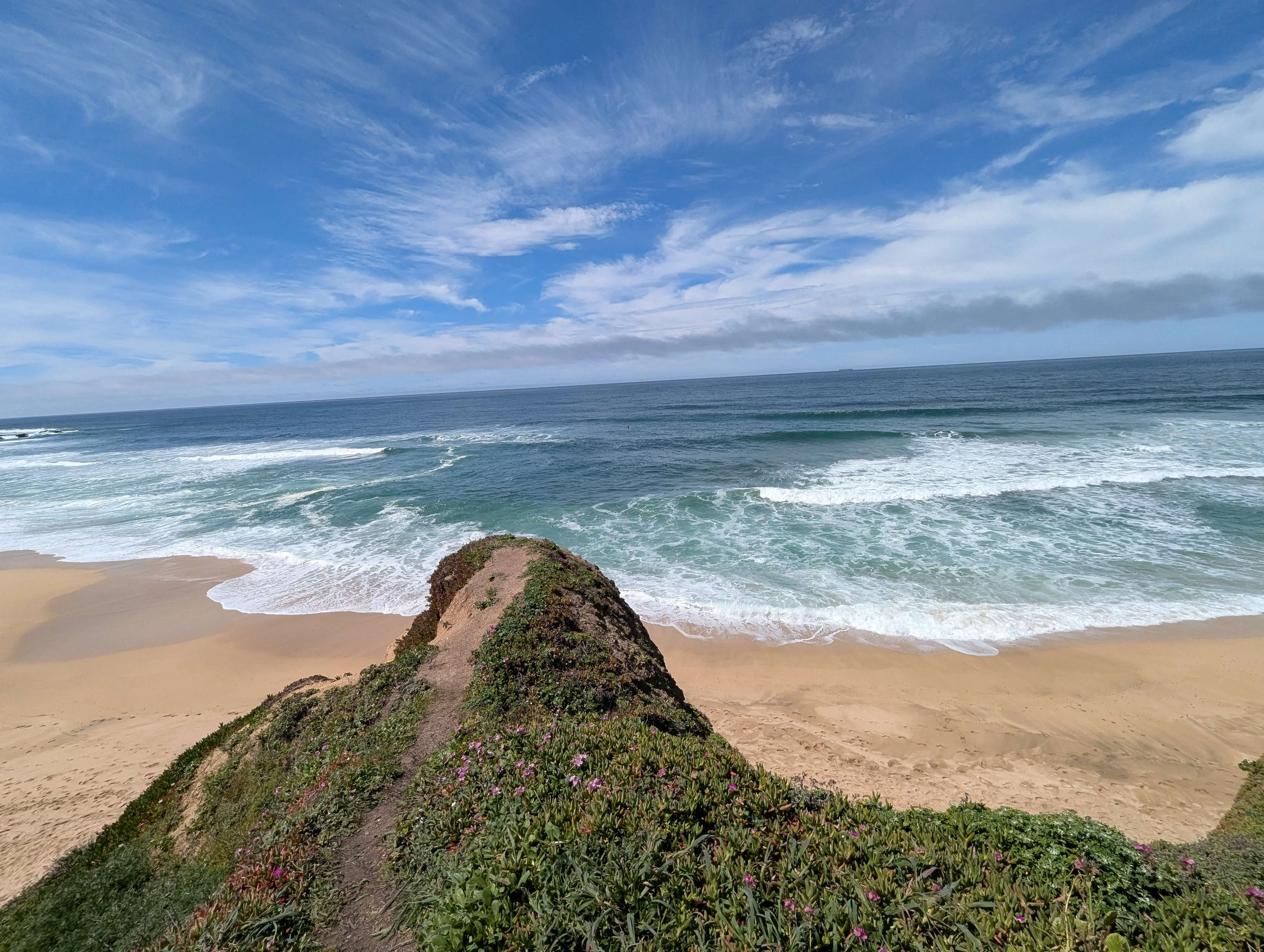 A view of a beach on the pacific ocean, from atop a cliff.