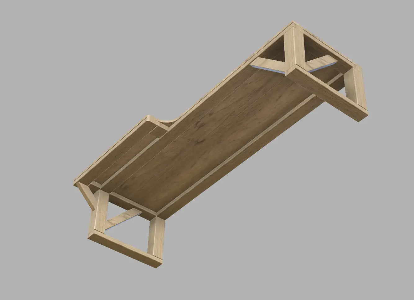 CAD model of the wooden bed platform designed to fit in my minivan, shown from below to detail support structure